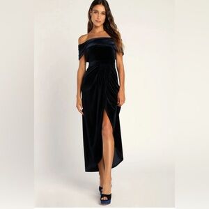 I'm Enchanted Navy Blue Velvet Off-the-Shoulder Maxi Dress